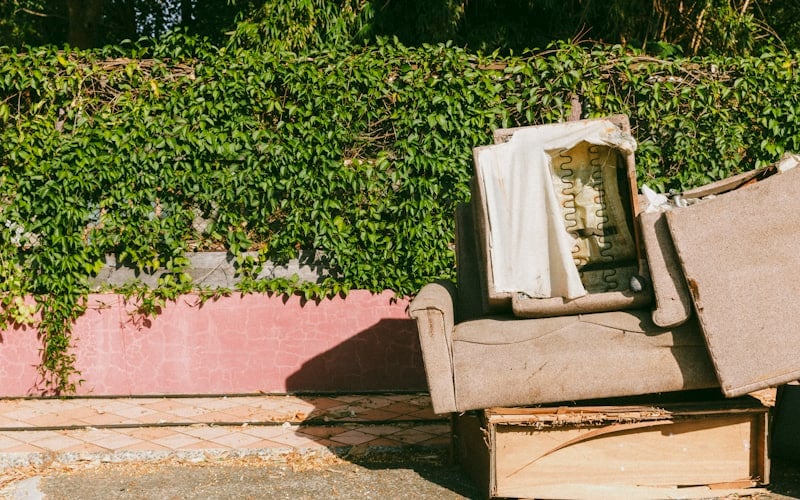 An old couch dumped against an ivy-covered wall, the kind of furniture our Santa Barbara crew hauls away